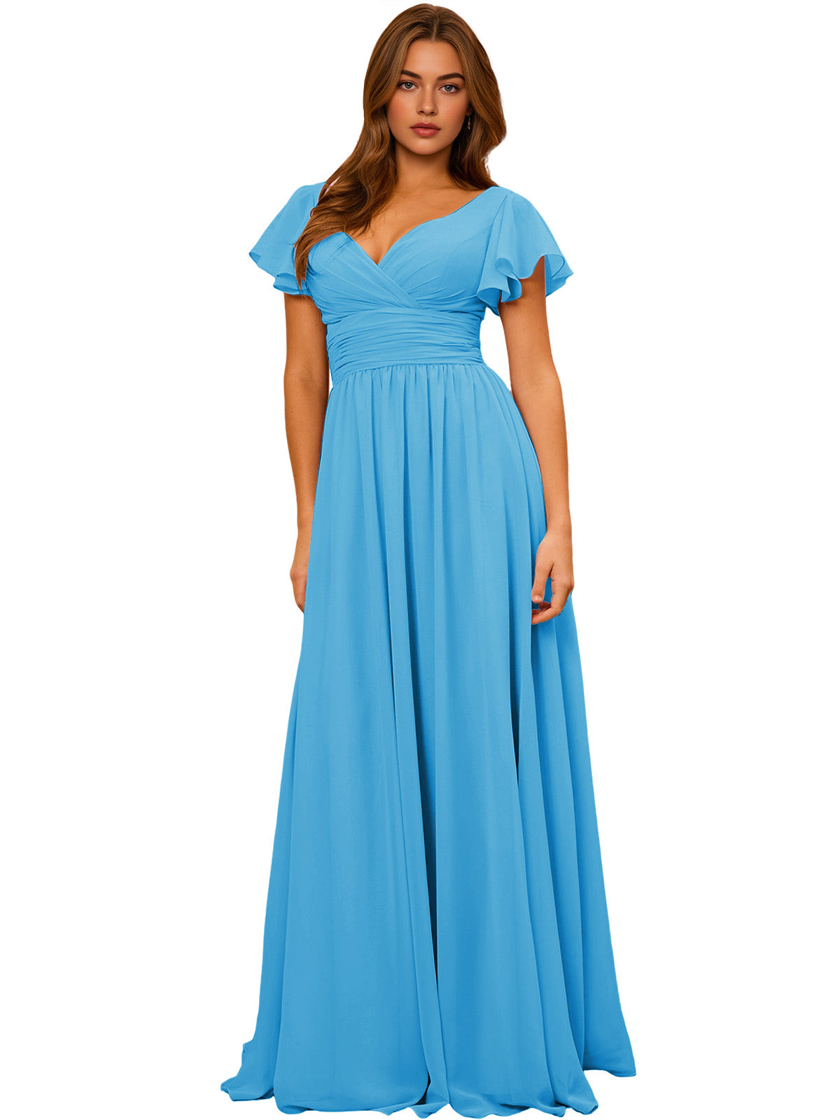 V-Neck Flutter Sleeve Chiffon Bridesmaid Dress with Empire Waist