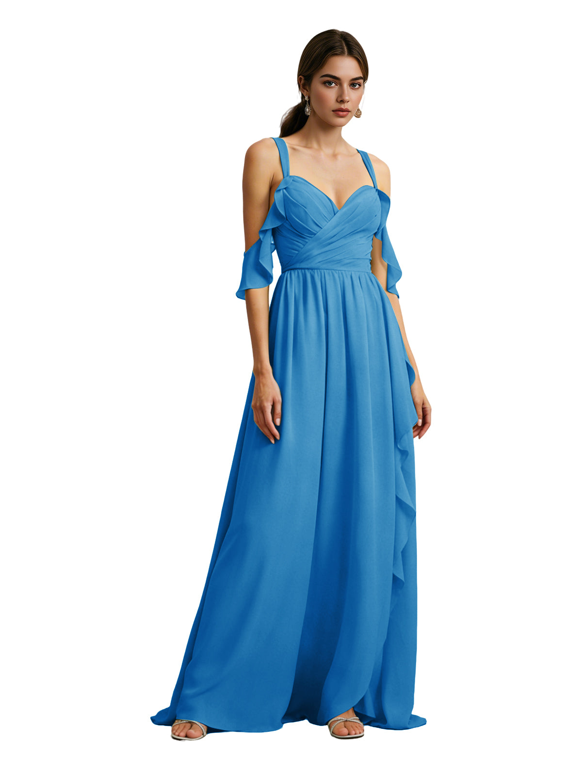 Cold Shoulder Chiffon Bridesmaid Dress with Draped V-Neck Bodice