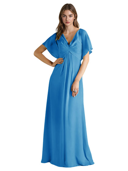 Short Sleeve V-Neck Chiffon Bridesmaid Dress with Gathered Waist