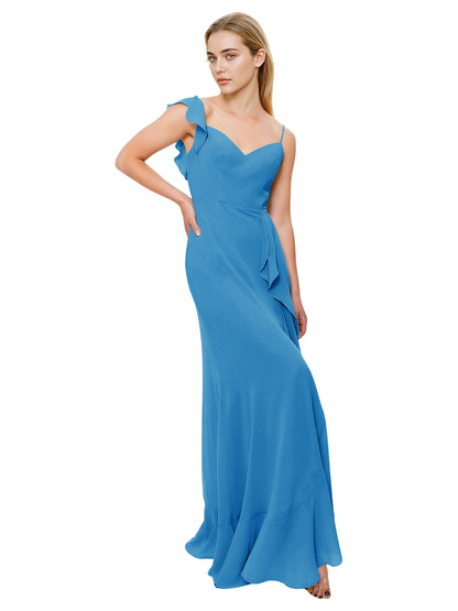 V-Neck Ruffle Strap Bridesmaid Dress with Cascading Chiffon Dress