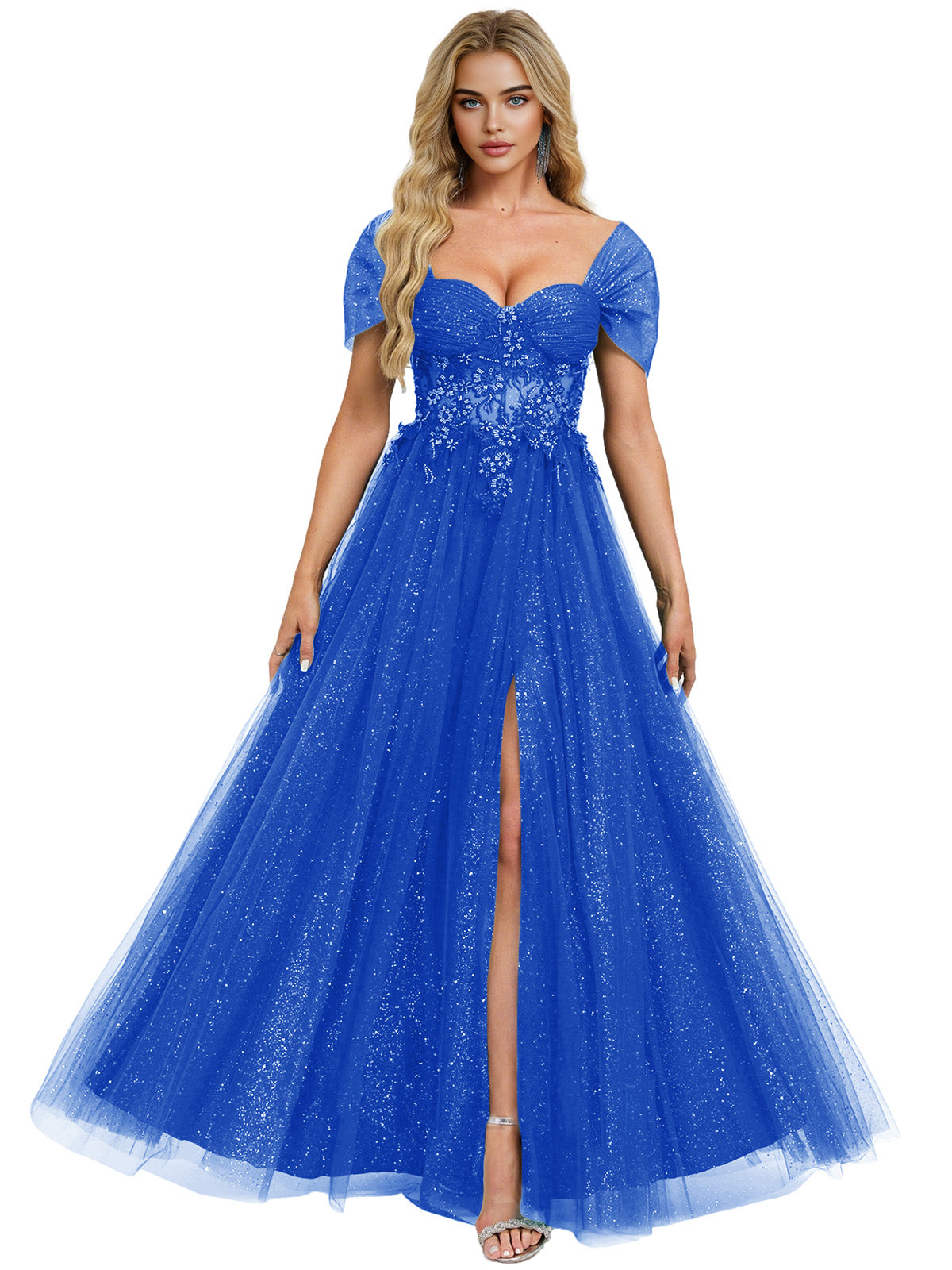 Short Sleeve Glitter Tulle Prom Dress with Illusion Bodice and Slit