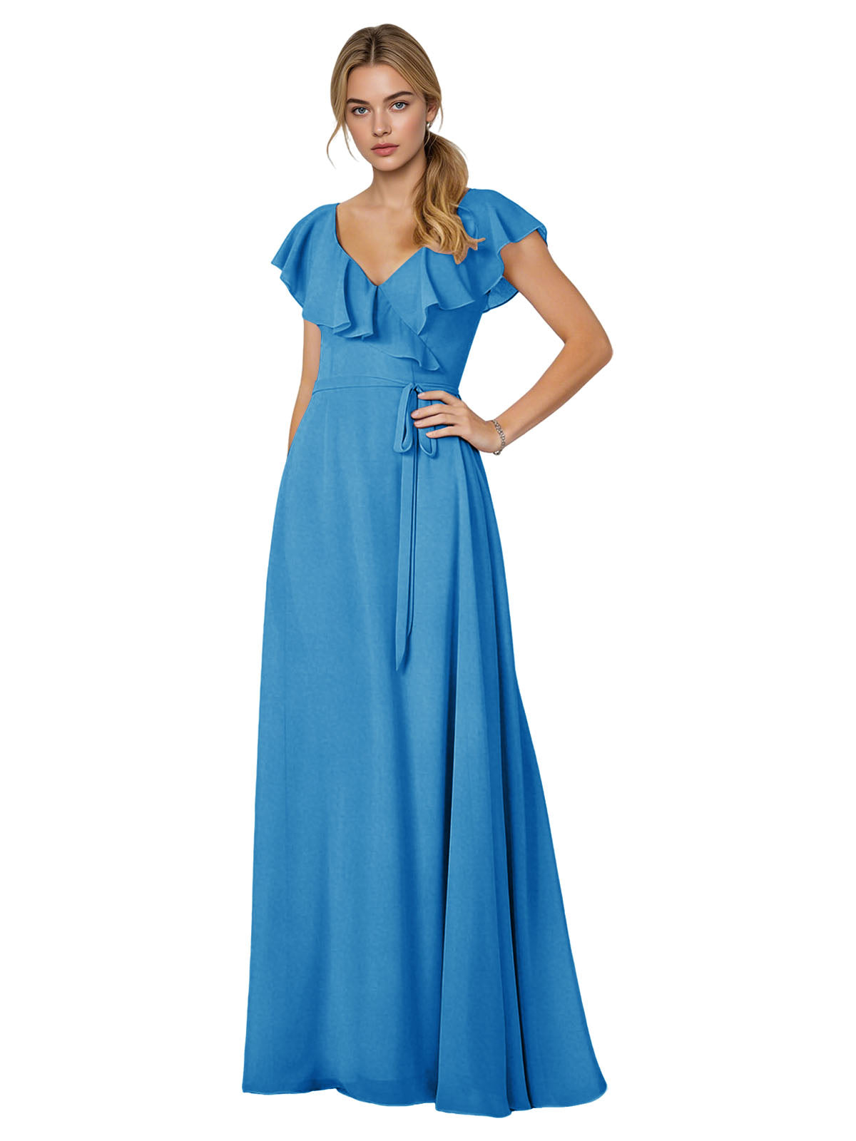 Tie Neck Chiffon Bridesmaid Dress with Flutter Sleeves