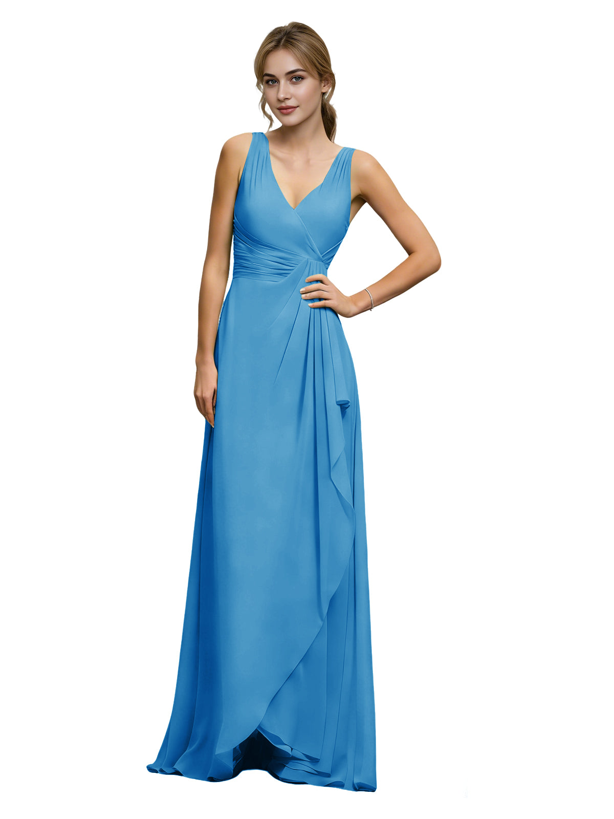 Halter V-Neck Chiffon Bridesmaid Dress with Draped Sash Waist