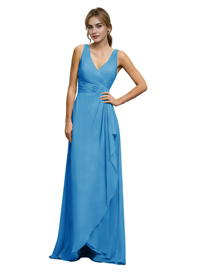 Halter V-Neck Chiffon Bridesmaid Dress with Draped Sash Waist