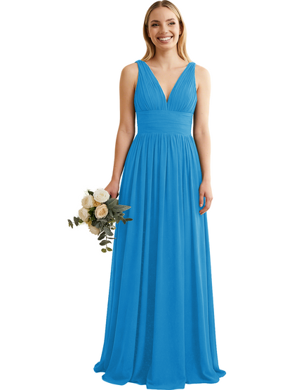 Deep V-Neck Chiffon Bridesmaid Dress with Pleated Waist