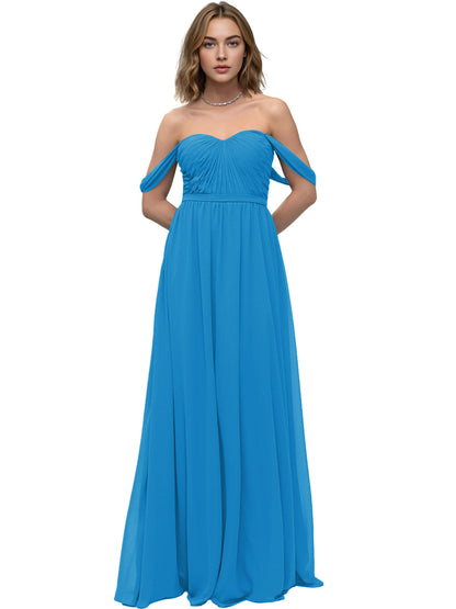 Off Shoulder Sweetheart Chiffon Bridesmaid Dress with Ruched Bodice