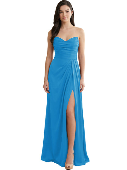 Strapless Pleated Satin Bridesmaid Dress with Side Slit