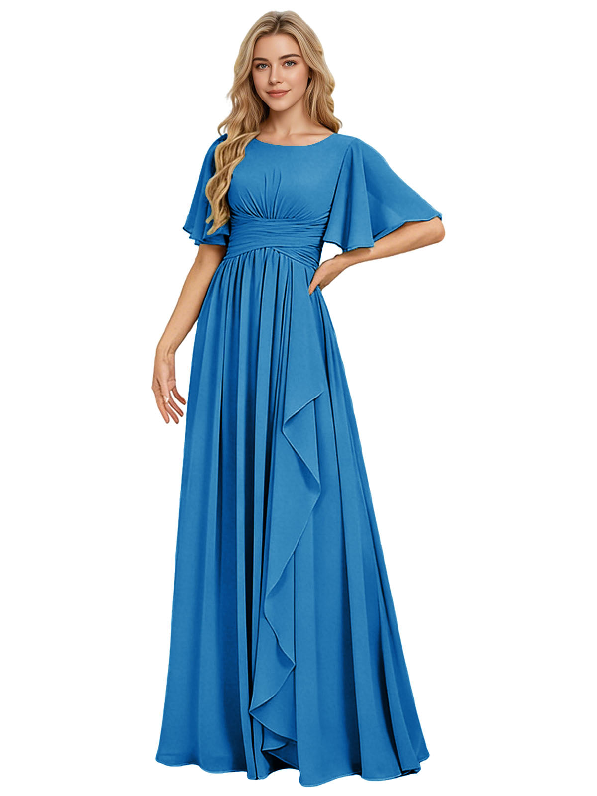 Flutter Sleeve Chiffon Bridesmaid Dress with Tiered Front Ruffle