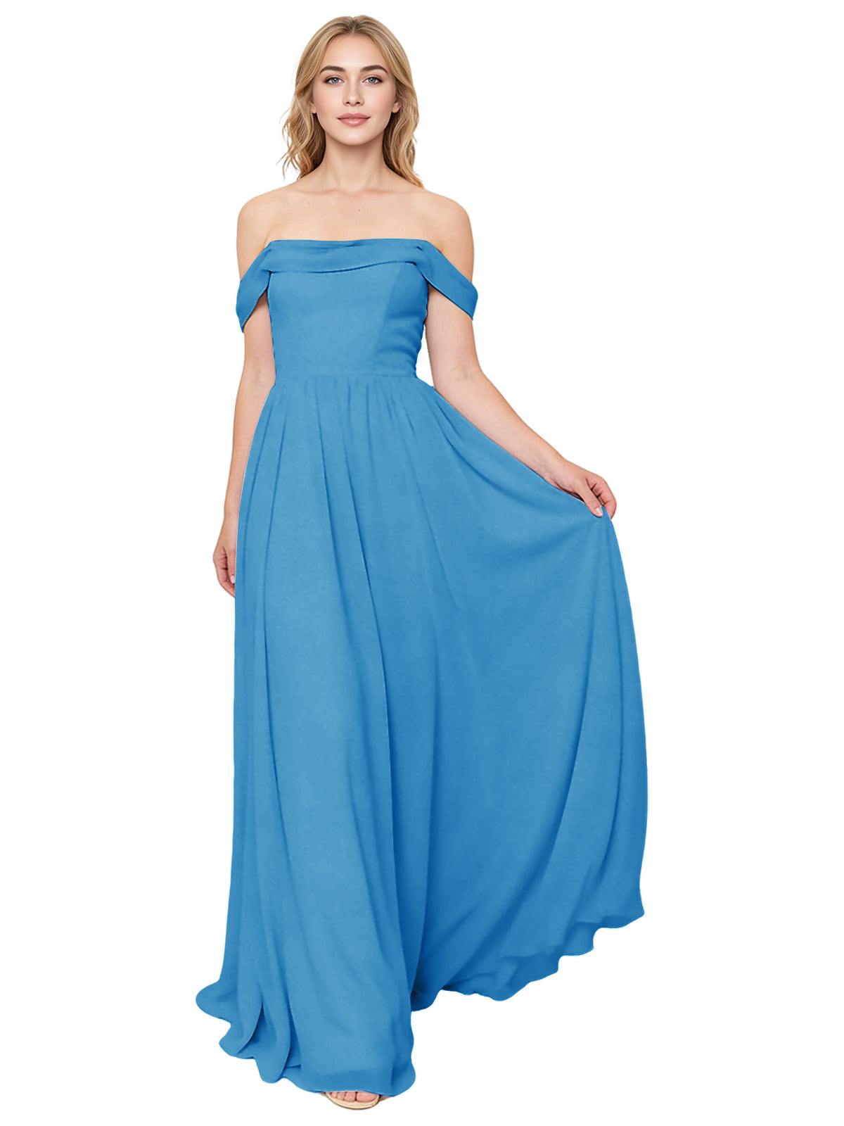 Off Shoulder Pleated Chiffon Bridesmaid Dress with Flowing A-Line Dress