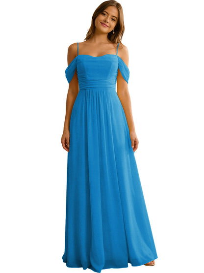 Off Shoulder Chiffon Bridesmaid Dress with Soft Pleated Bodice