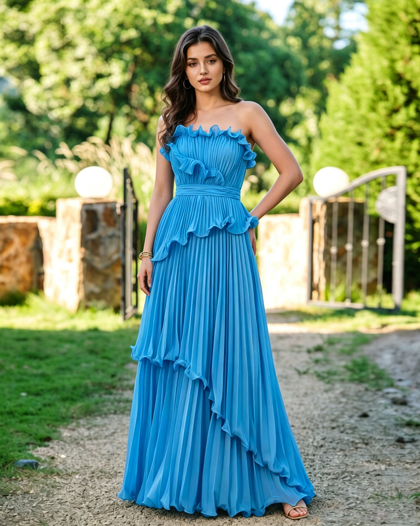 Strapless Ruffle Pleated Formal Dress with Tiered Dress