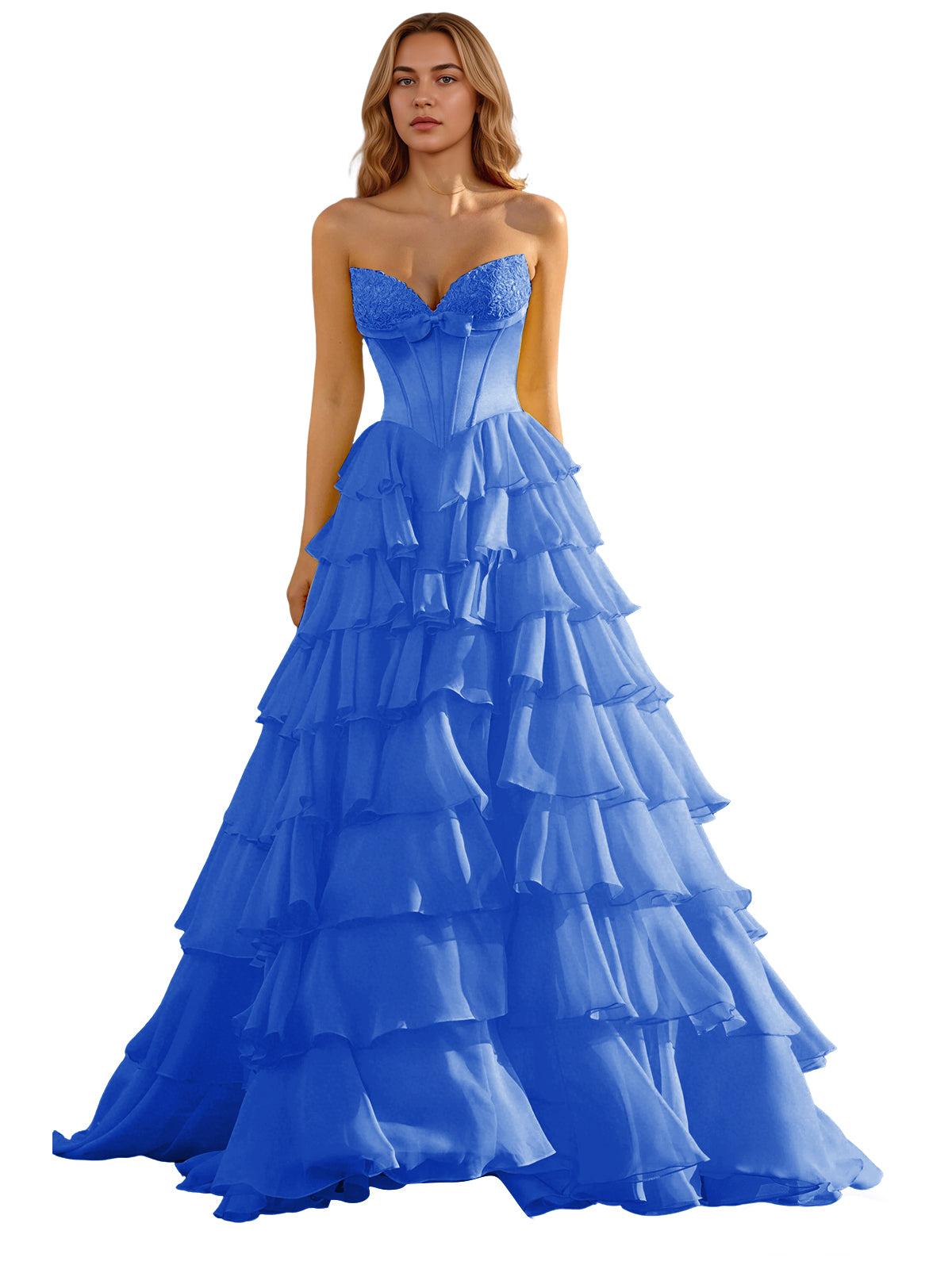 Strapless Tiered Organza Ball Gown Prom Dress with Corset Top