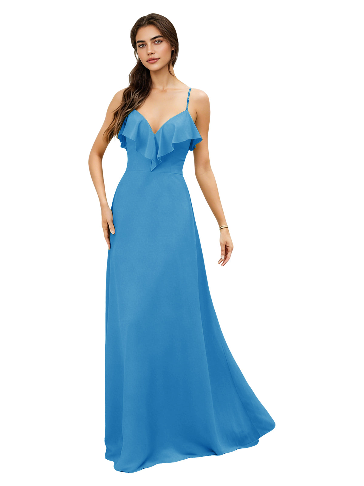 Ruffle V-Neck Chiffon Bridesmaid Dress with Spaghetti Straps