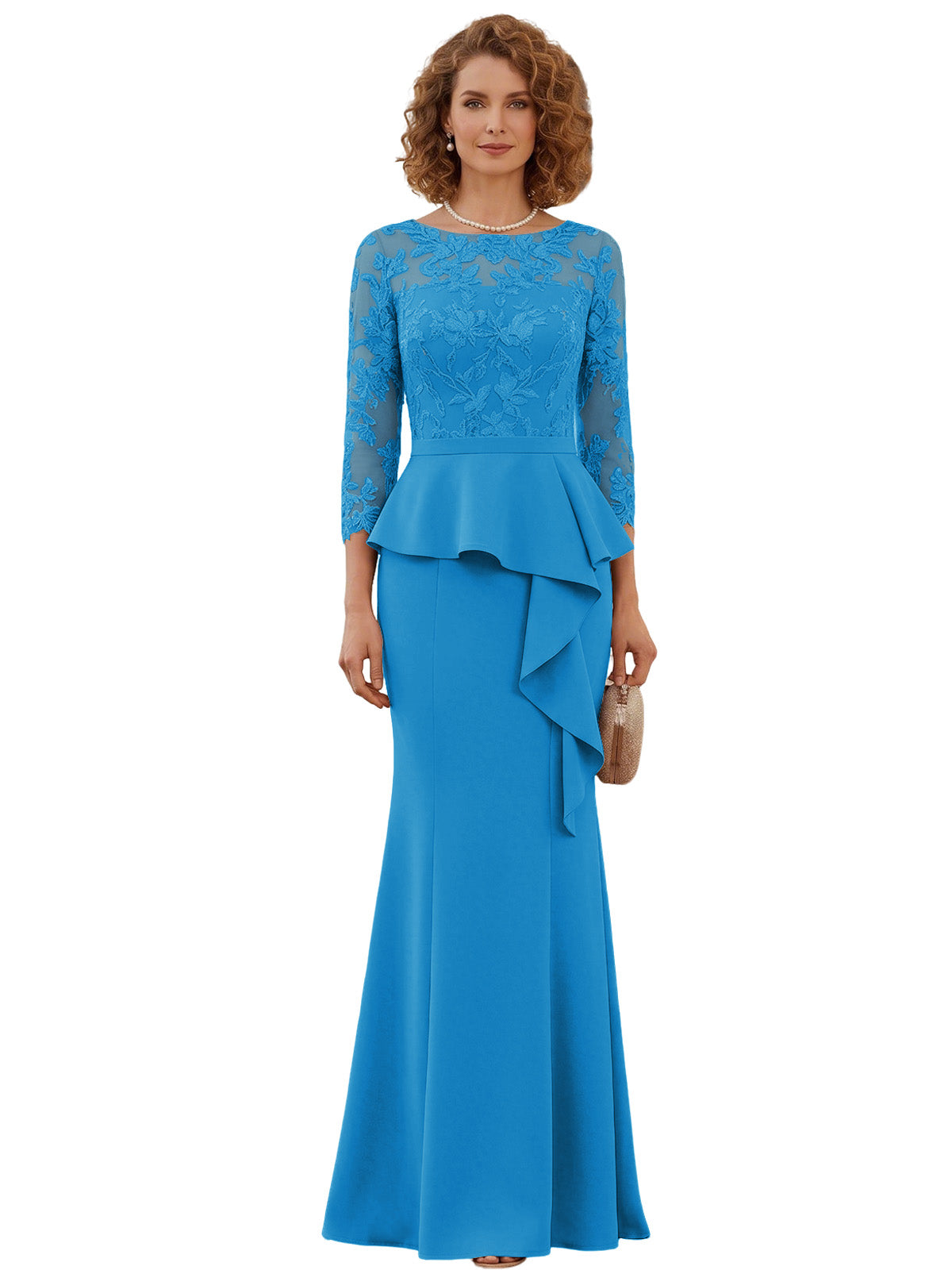 Long Mother of the Bride Dress Lace Illusion Bodice Peplum Mermaid Formal Evening Gown
