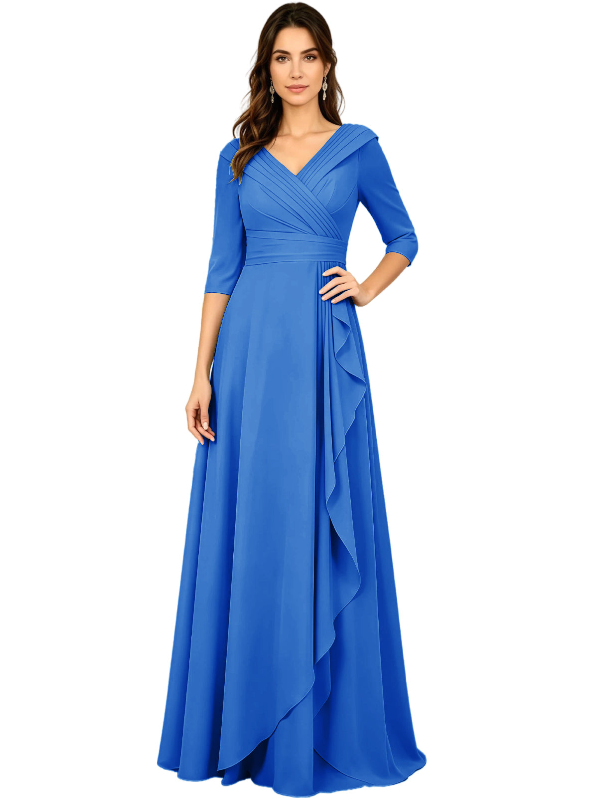 Long V-Neck Mother of the Bride Dress Chiffon Half Sleeve A-Line Gown with Side Ruffle