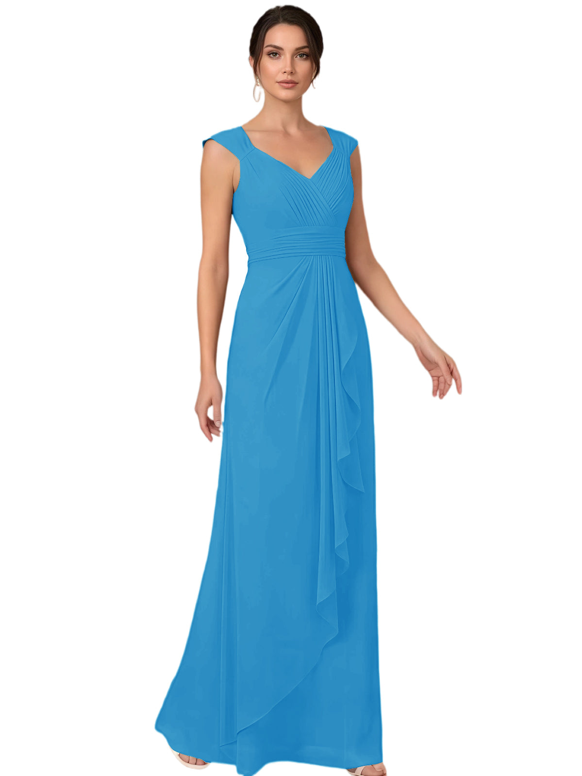 Mother of the Bride Dress Long Sleeveless V-Neck Chiffon Formal Gown with Ruffle Detail