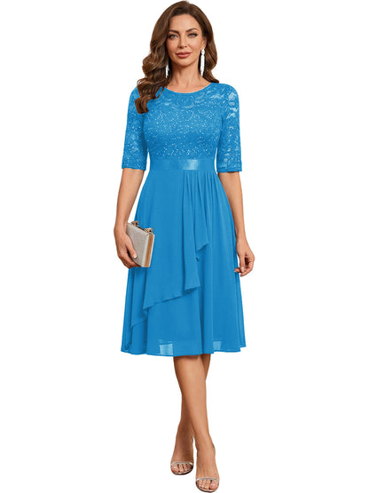 Ocean Blue Knee Length Mother of the Bride Dress Sequined Lace Bodice Chiffon Skirt Formal Guest Outfit color option