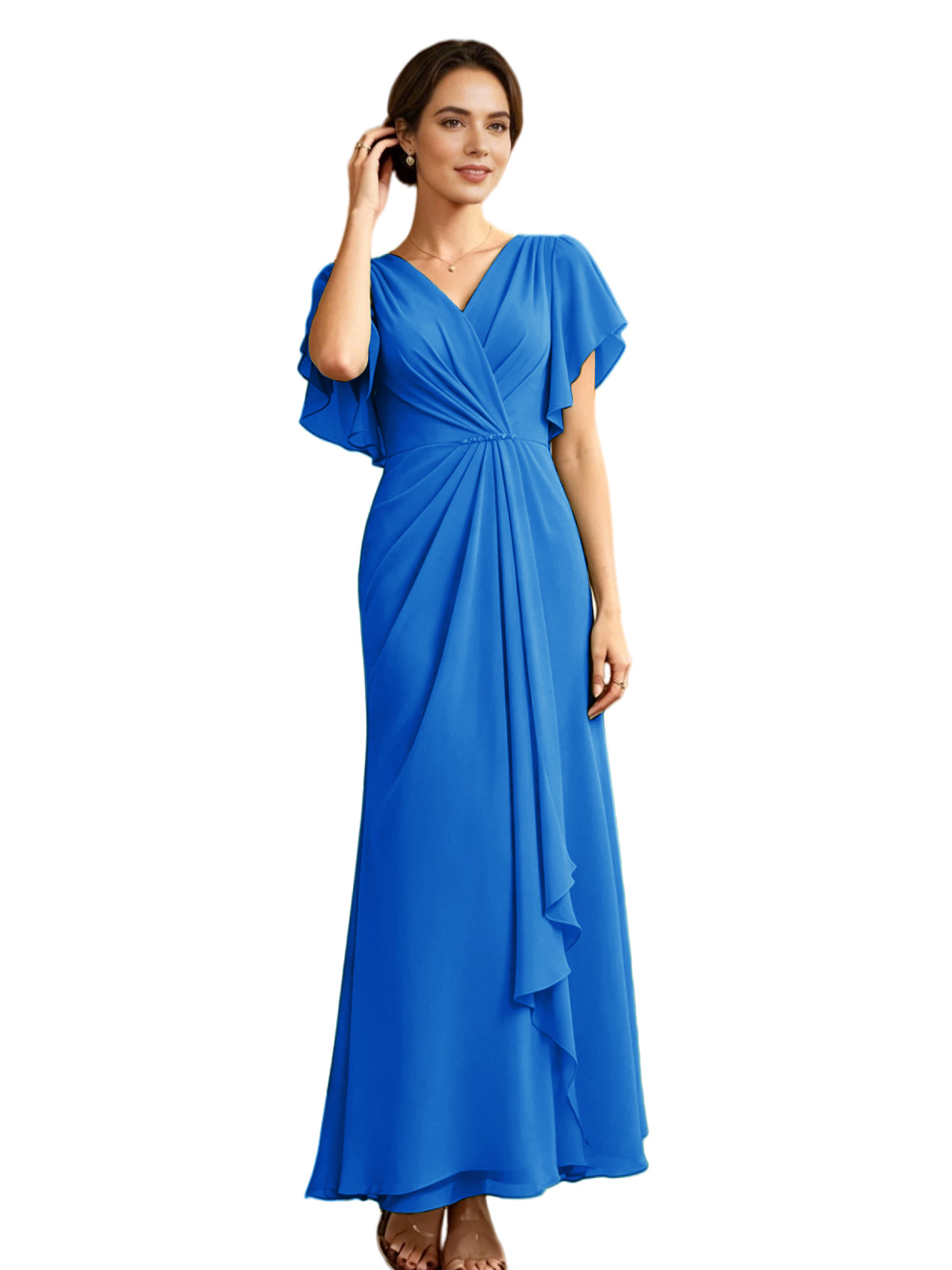 Long Chiffon Mother of the Bride Dress V-Neck Flutter Sleeve A-Line Gown with Beaded Waist