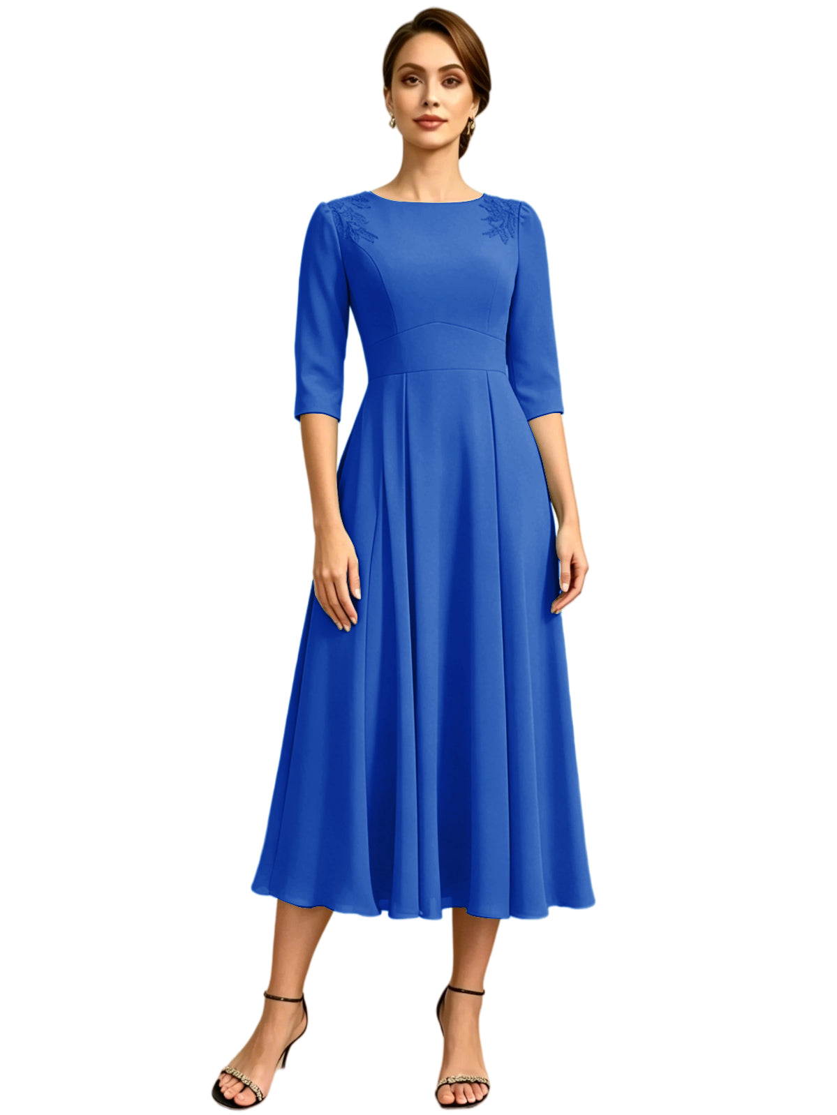 Tea Length Mother of the Bride Dress Jewel Neck Chiffon A-Line Formal Gown with Embroidery