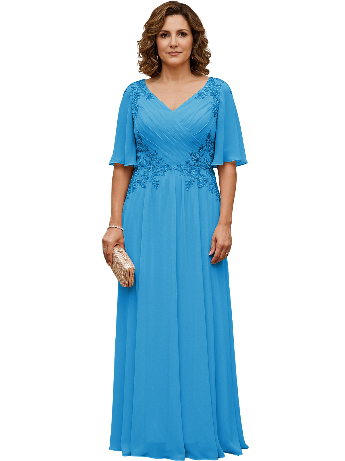 Mother of the Bride Dress Long Chiffon A-Line Gown with Flutter Sleeves and Beaded Lace