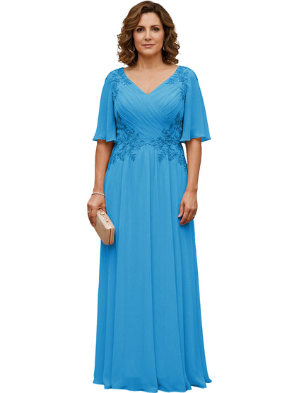 Mother of the Bride Dress Long Chiffon A-Line Gown with Flutter Sleeves and Beaded Lace