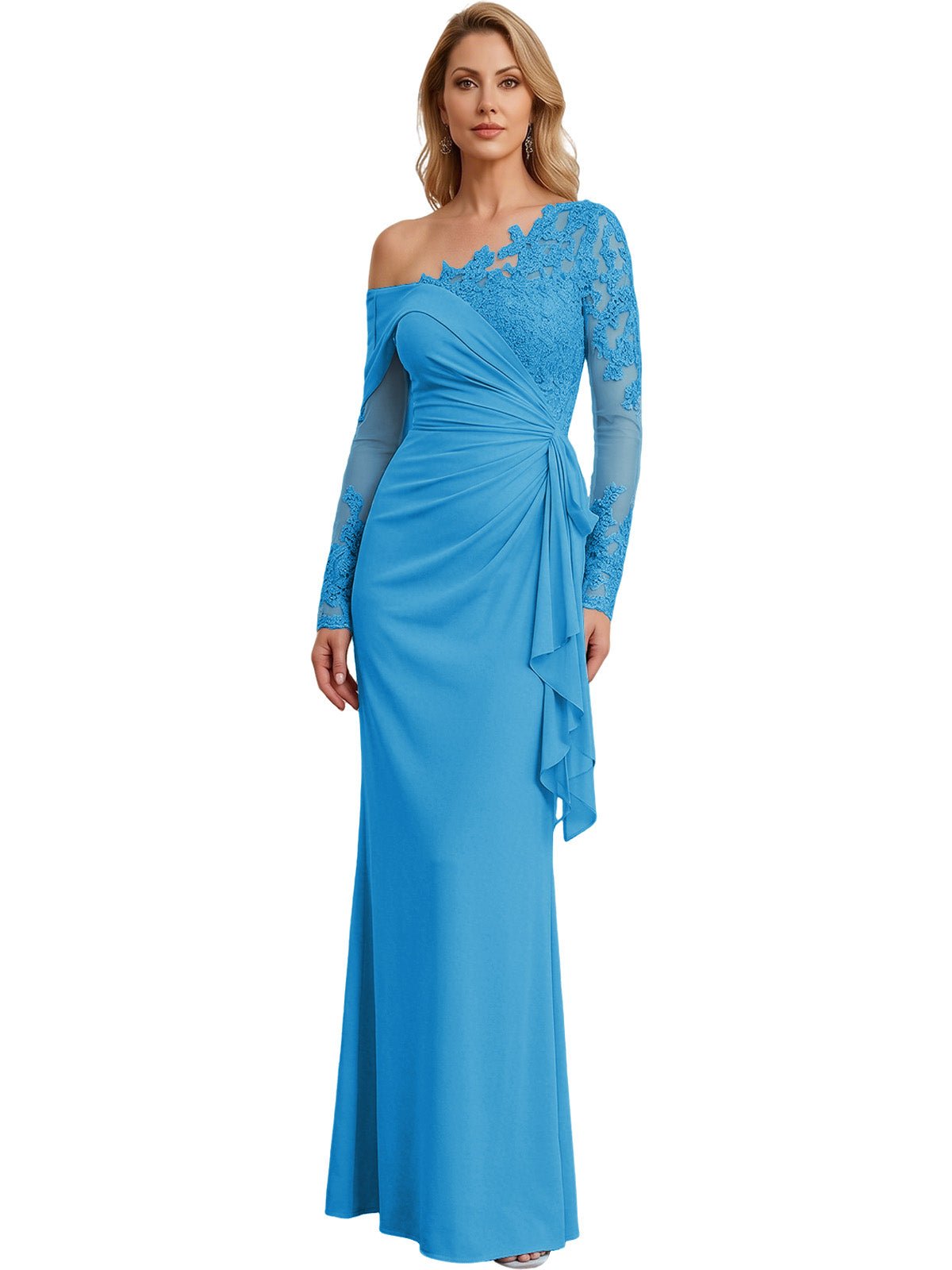 One Shoulder Mother of the Bride Gown Long Lace Sleeve Mermaid Dress with Draped Ruffle