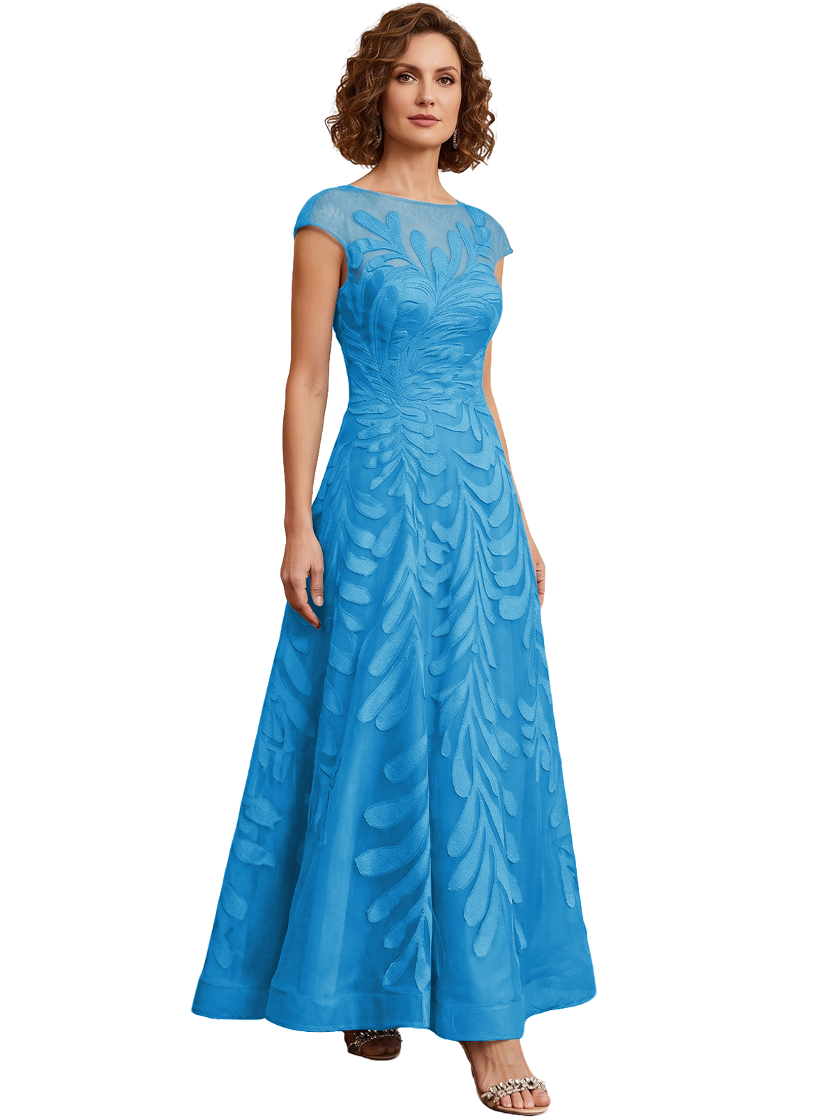 Embroidered Tulle Mother of the Bride Dress Long A-Line Gown with Illusion Cap Sleeves