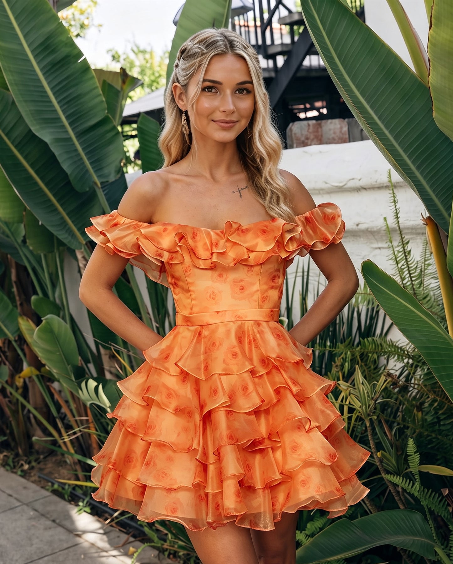 Off-Shoulder 3D Floral Ruffle A-Line Mini Homecoming Dress