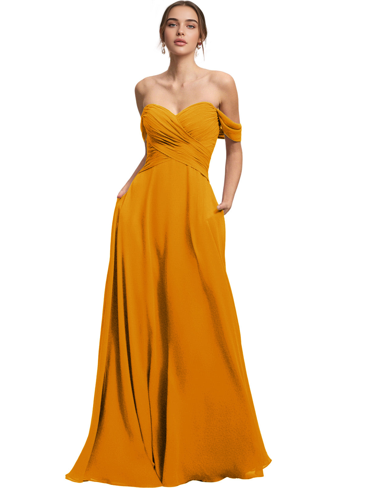 Off Shoulder Chiffon Bridesmaid Dress with Draped Bodice and A-Line Dress