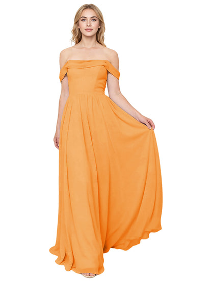 Off Shoulder Pleated Chiffon Bridesmaid Dress with Flowing A-Line Dress