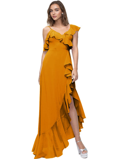 Asymmetrical Ruffle Chiffon Bridesmaid Dress with High Low Slit