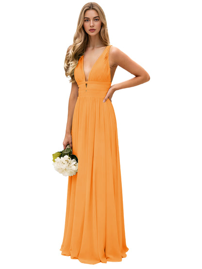 Spaghetti Strap V-Neck Chiffon Bridesmaid Dress with Open Back