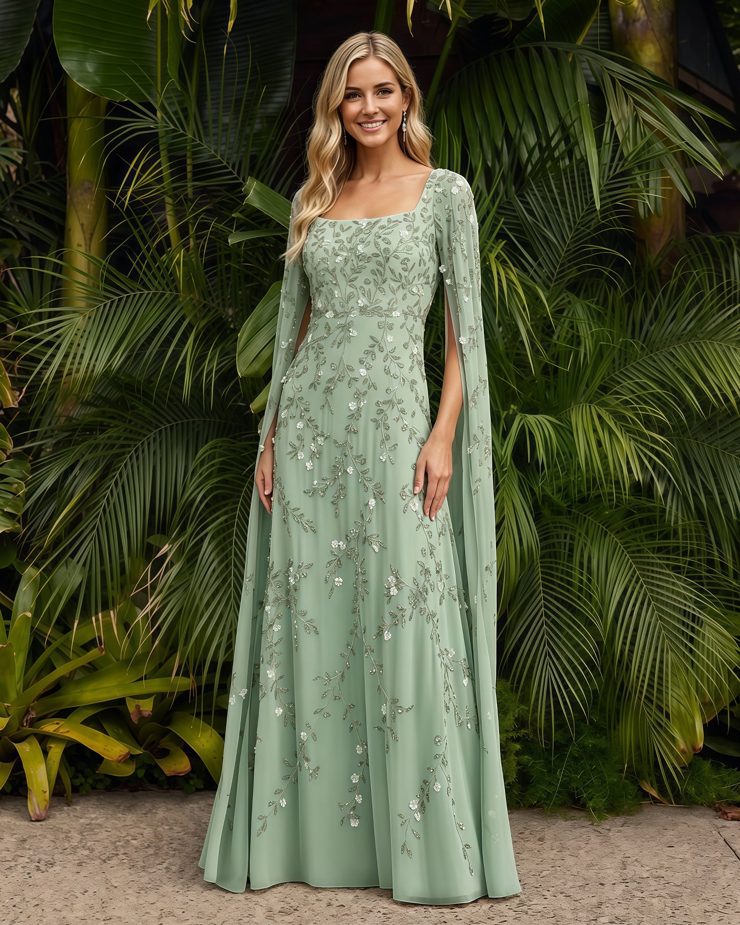 Square-Neck Long-Sleeve Lace A-Line Formal Dress