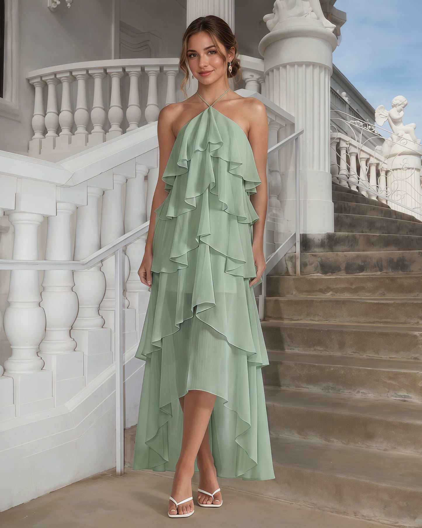 One-Shoulder Tiered Ruffle High-Low Chiffon Formal Dress