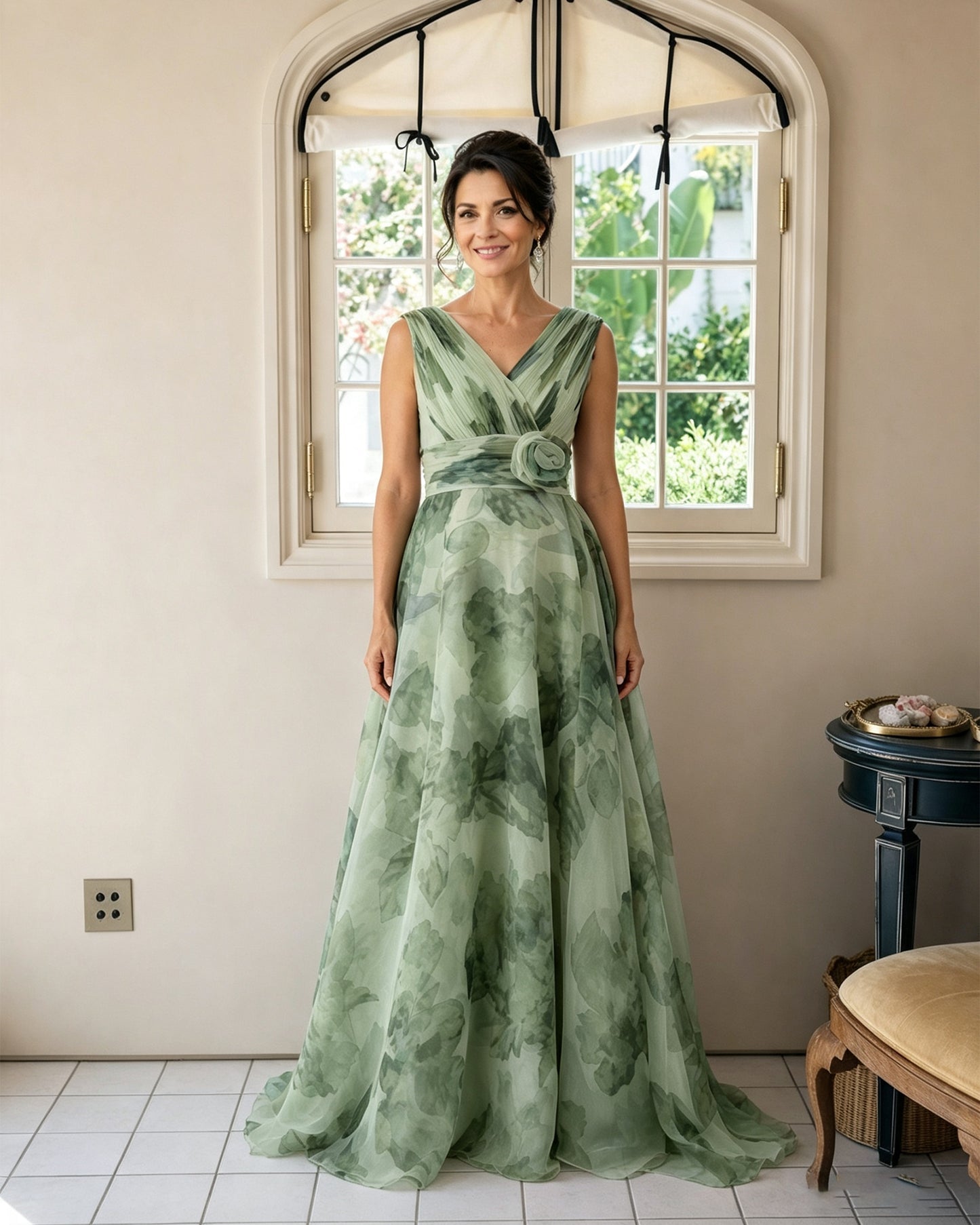 Floral Print V-Neck Chiffon Mother of the Bride Dress with Rosette Sash