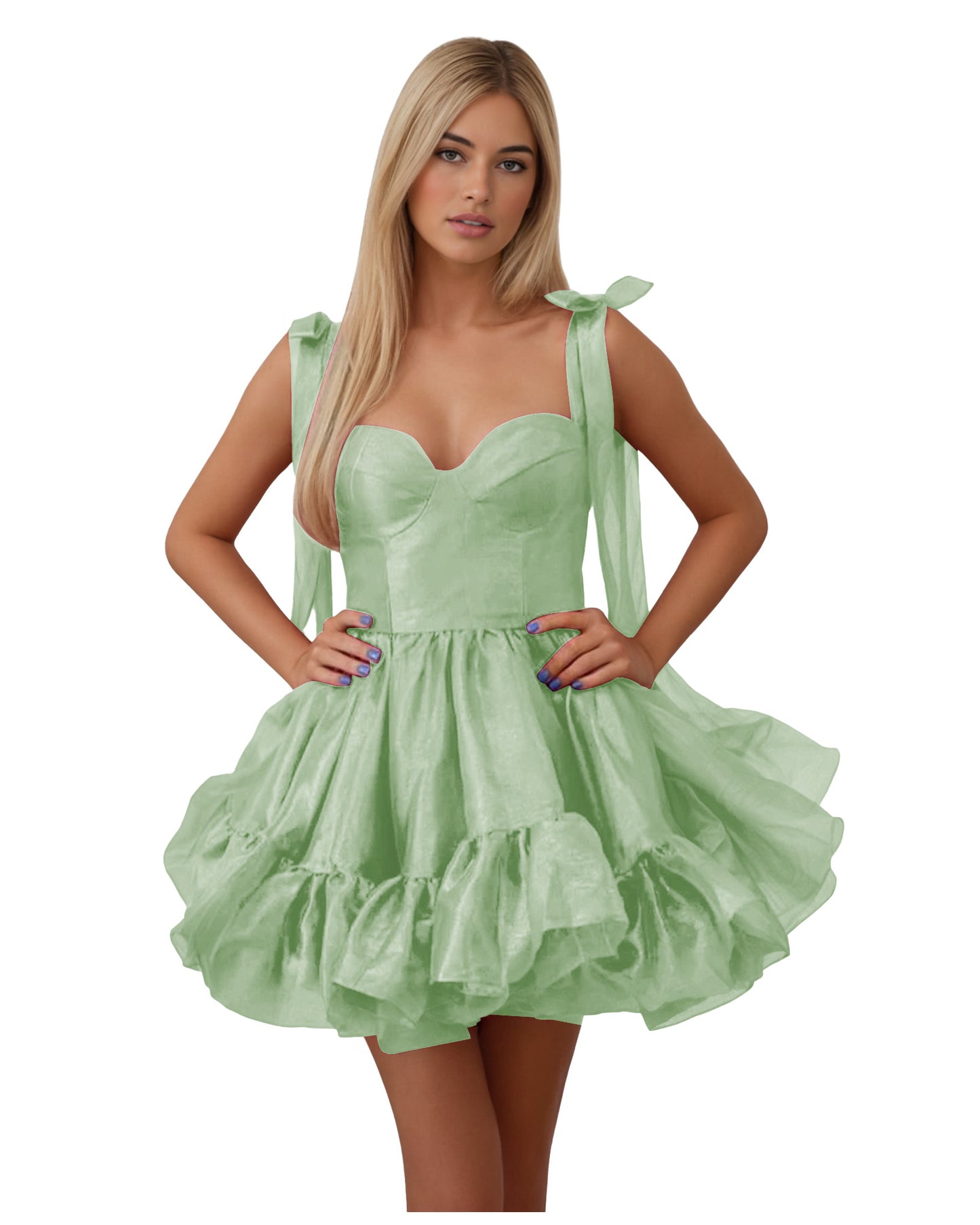 Bow Shoulder Satin Corset Ruffle Homecoming Dress