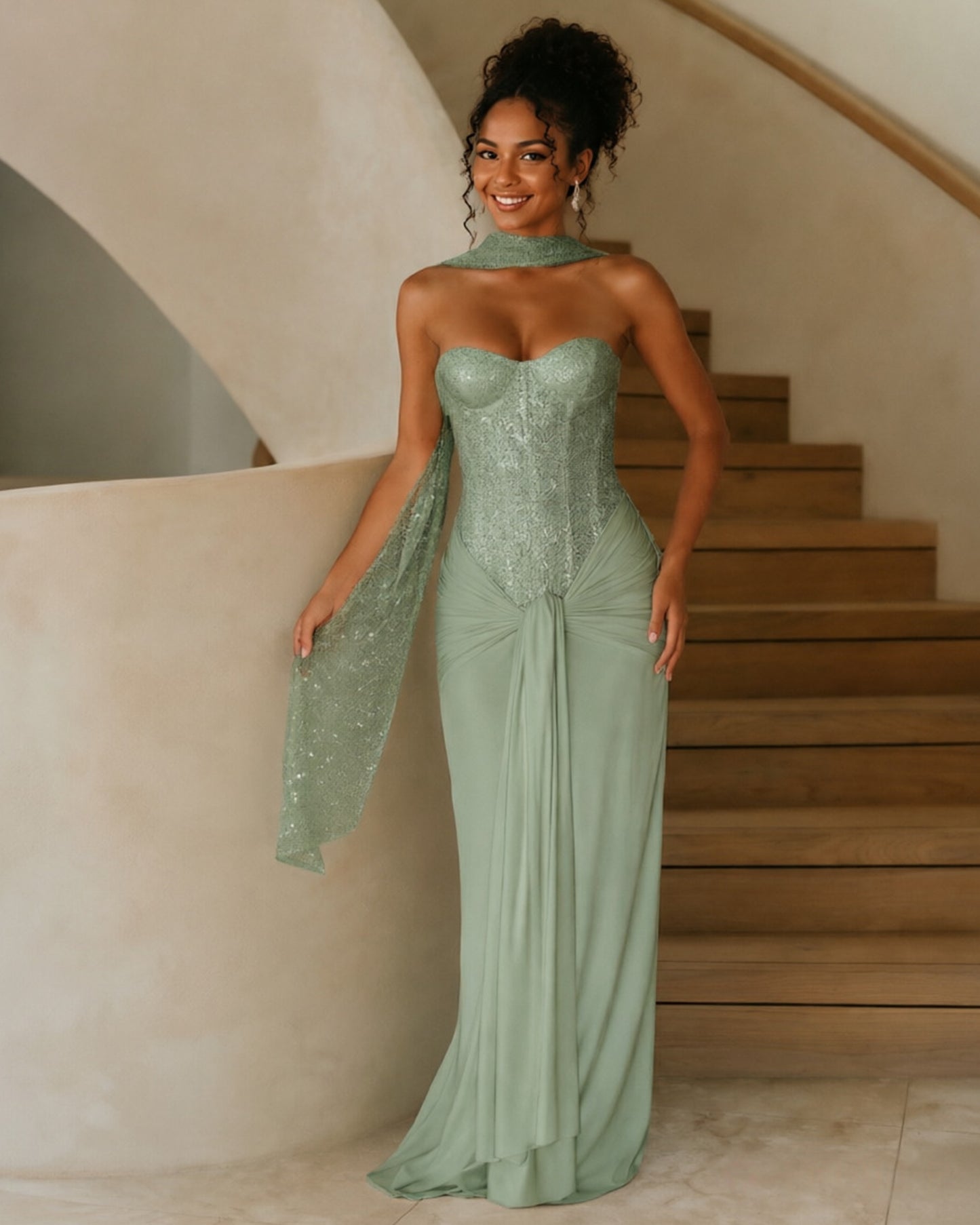 Strapless Sequin Corset Jersey Prom Dress with Draped Scarf Detail