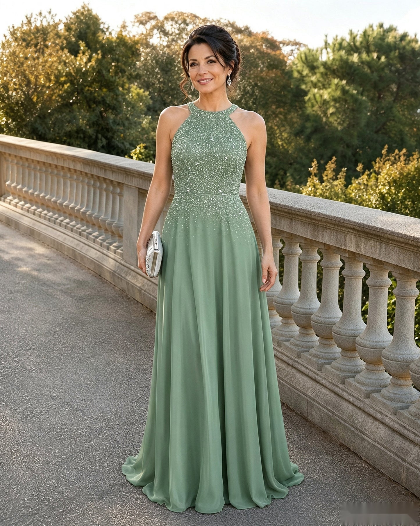 Halter Neck Sequin Chiffon A-Line Mother of the Bride Dress