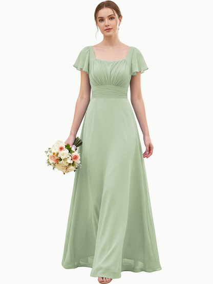 Square Neck Chiffon Bridesmaid Dress with Flutter Sleeves and Lace-Up Back