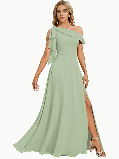 Asymmetric Off Shoulder Bridesmaid Dress with Draped Sleeve and Slit
