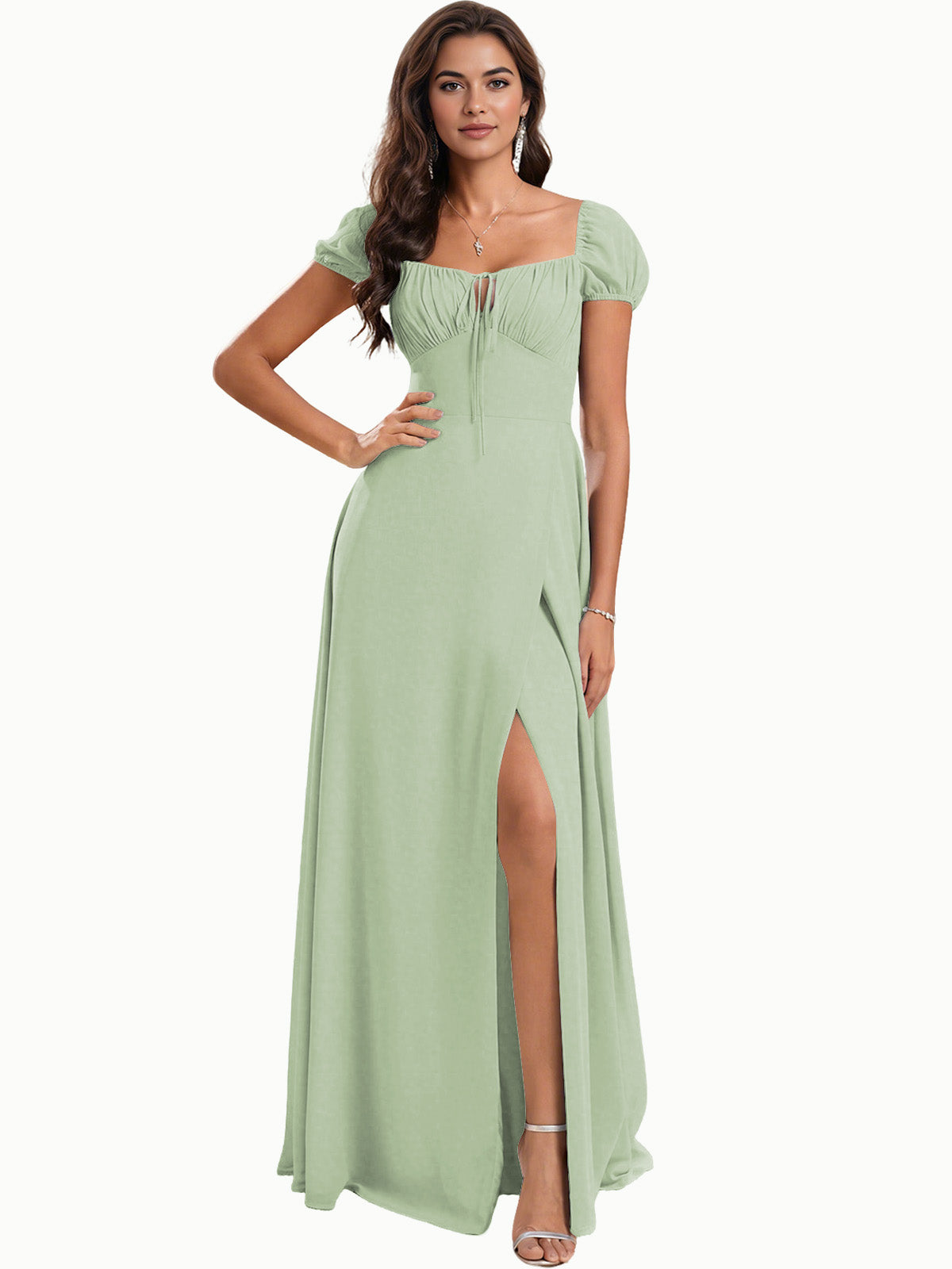 Ruched Short Sleeve Chiffon Bridesmaid Dress with Side Slit