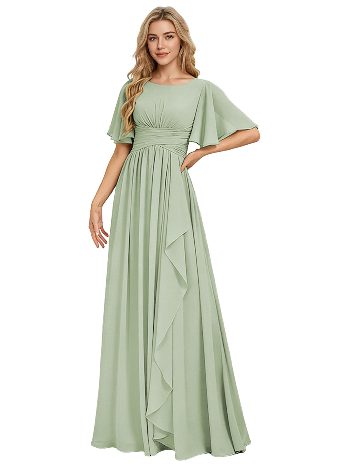 Flutter Sleeve Chiffon Bridesmaid Dress with Tiered Front Ruffle