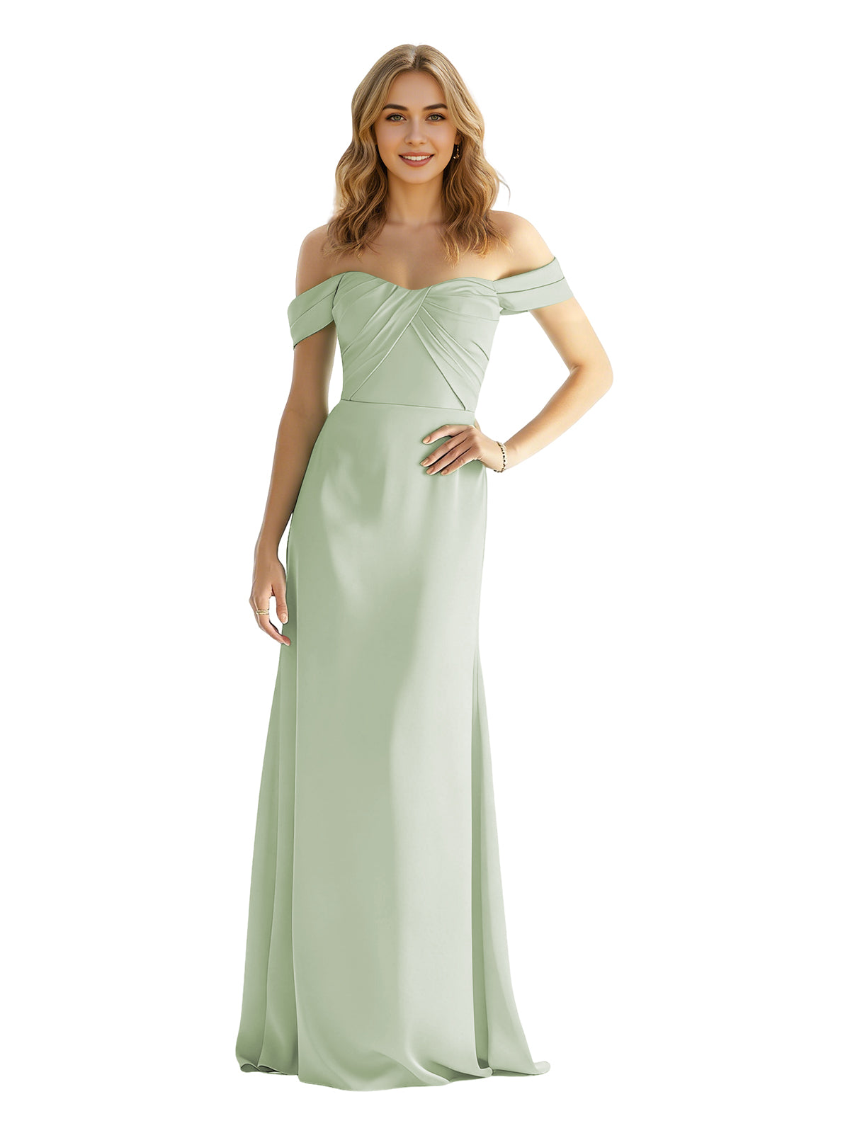 Sweetheart Off Shoulder Satin Bridesmaid Dress with Wrapped Bodice