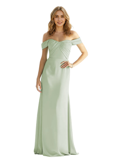 Sweetheart Off Shoulder Satin Bridesmaid Dress with Wrapped Bodice