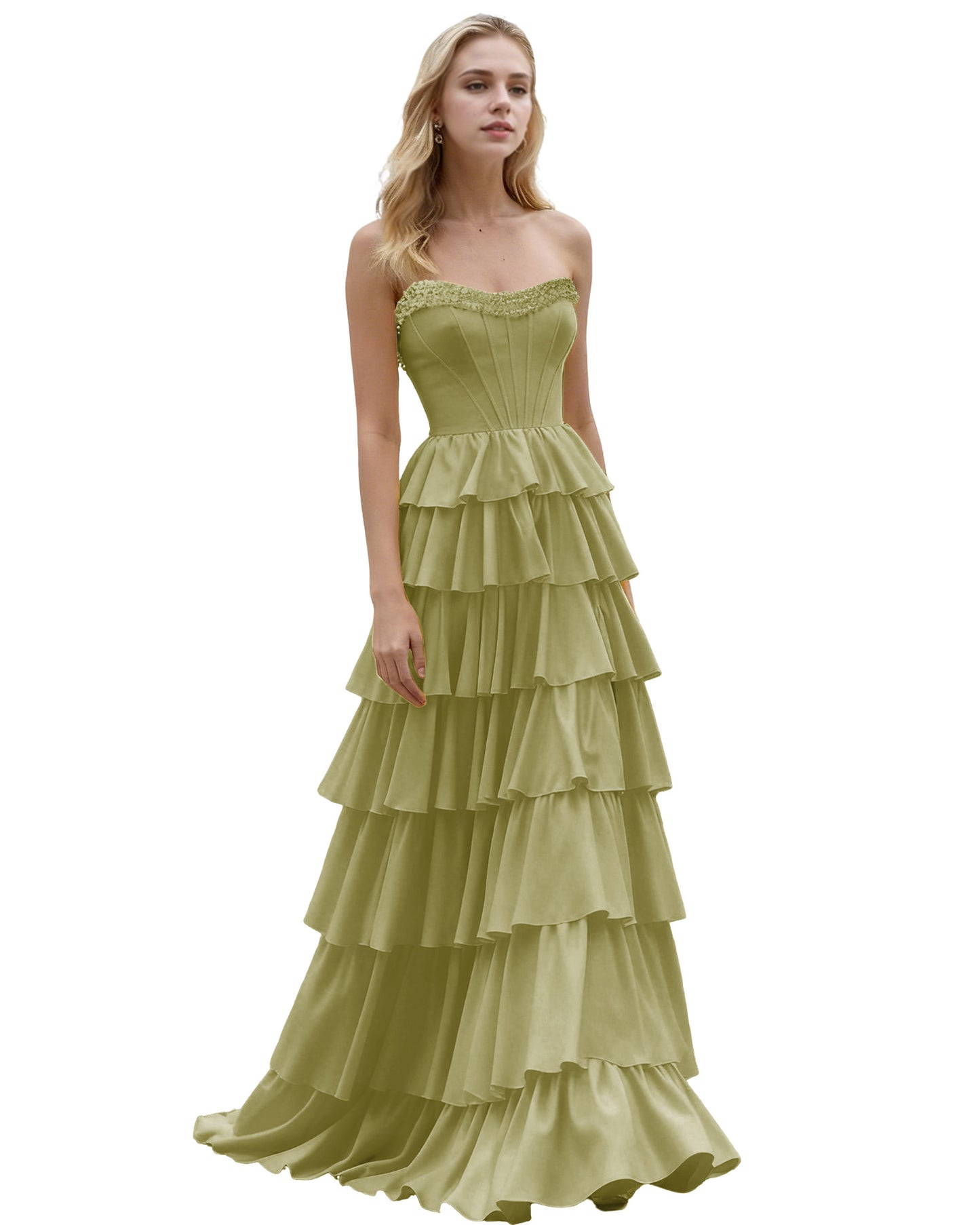 Strapless Tiered Ruffle A-Line Prom Dress with Corset Bodice