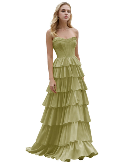Strapless Tiered Ruffle A-Line Prom Dress with Corset Bodice