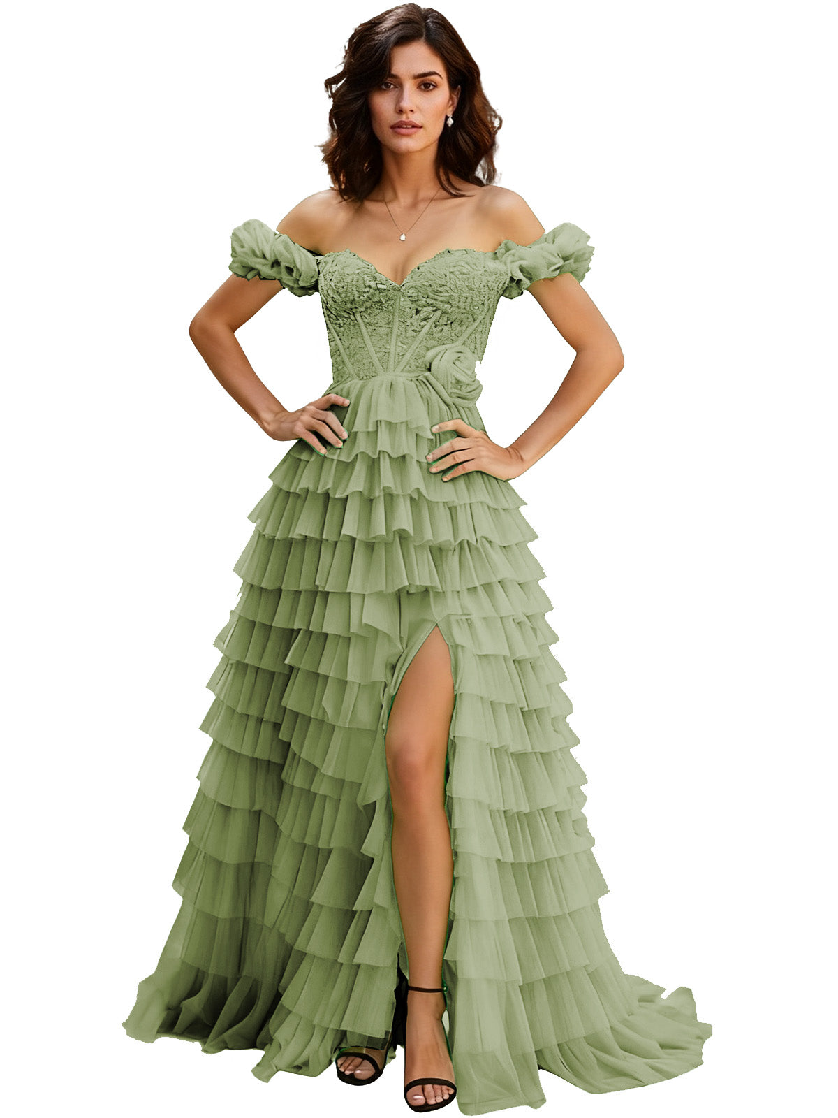 Off Shoulder Tulle Ball Gown Prom Dress with Ruffle Sleeves and Slit