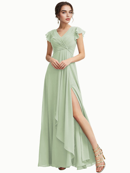 Cap Sleeve Chiffon Bridesmaid Dress with Ruffle V-Neck and Slit