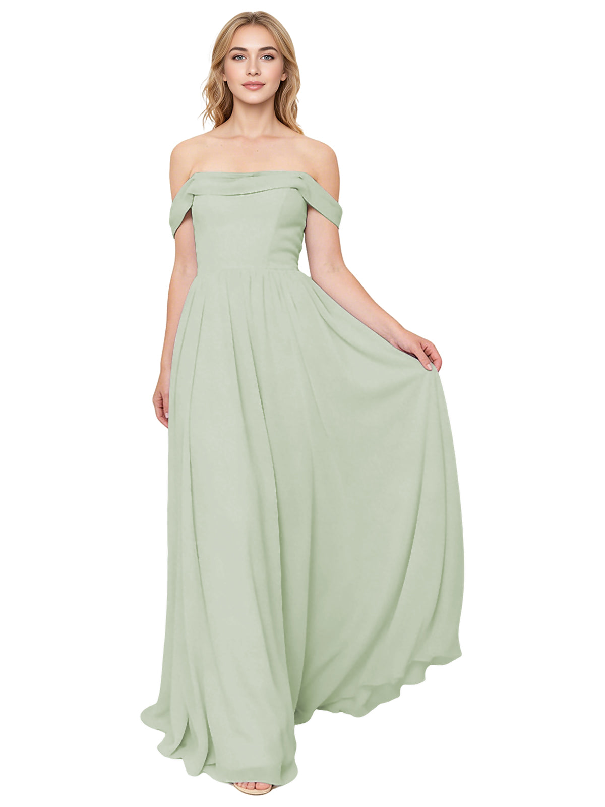 Off Shoulder Pleated Chiffon Bridesmaid Dress with Flowing A-Line Dress