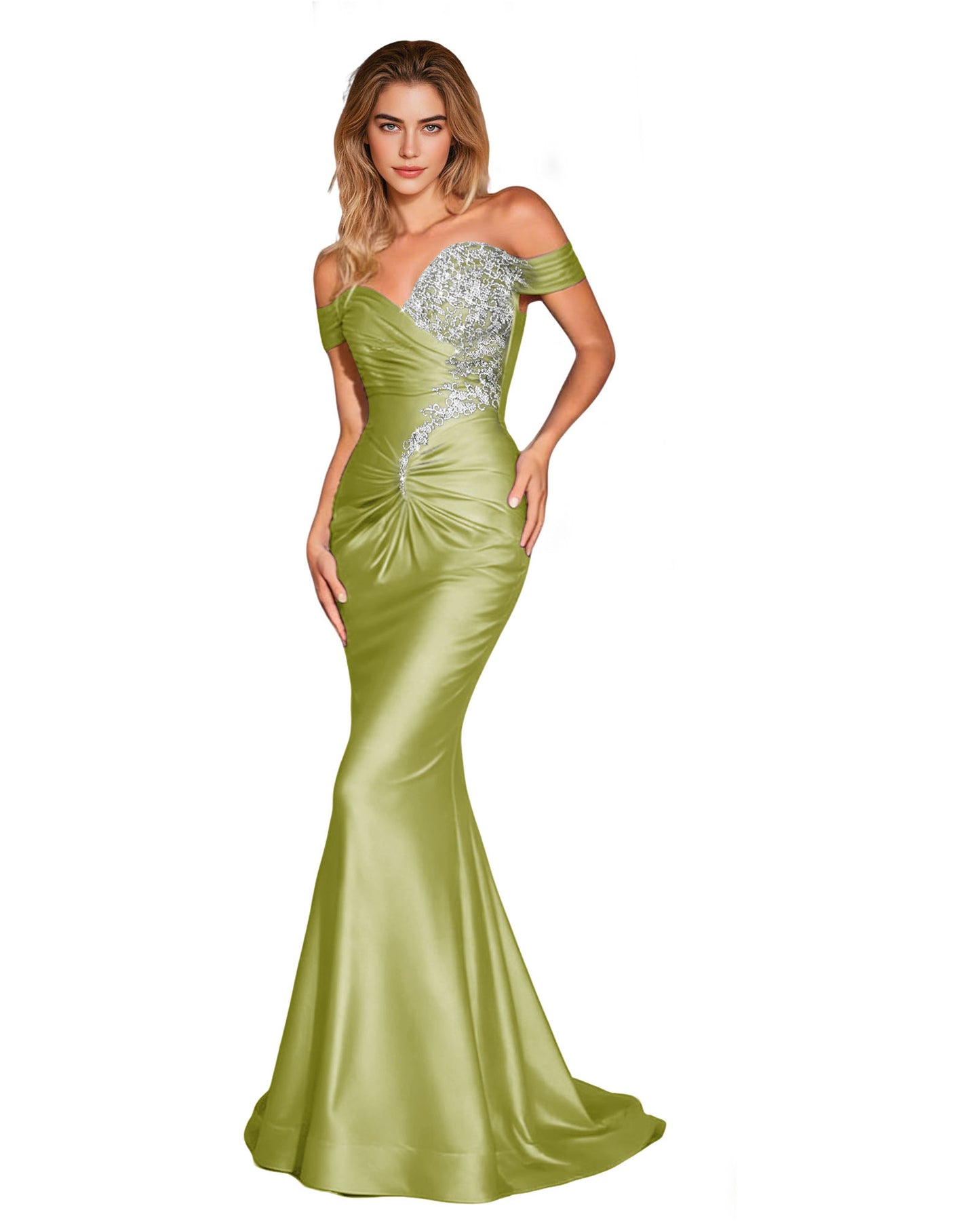 Off Shoulder Lace Applique Satin Mermaid Prom Dress with Slit